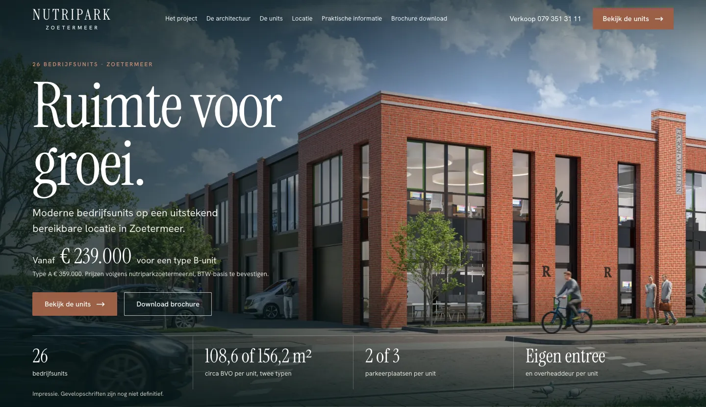 Projectwebsite NutriPark Zoetermeer: impressie van de bedrijfsunits met rode baksteengevel